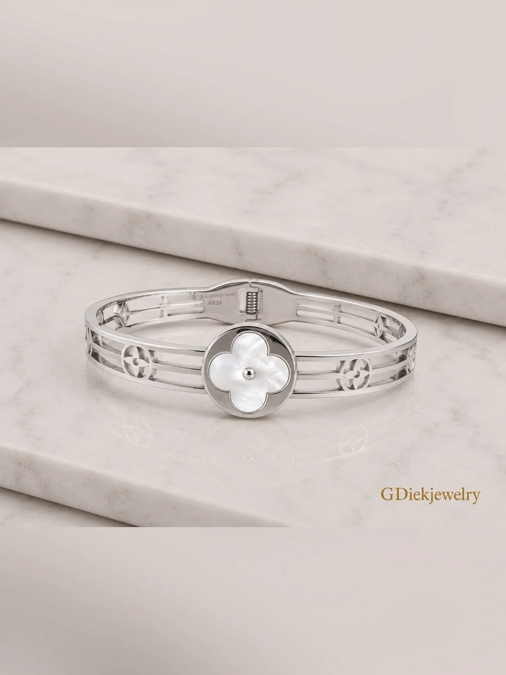 Stainless Steel  Mother-of-Pearl Floral Cuff Bracelet